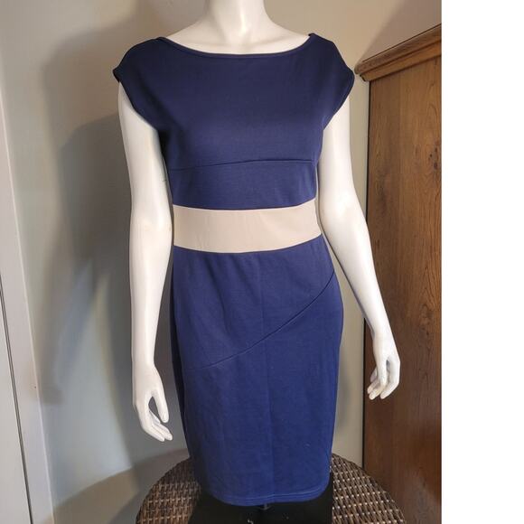 MIUSOL Navy Blue Ivory Sash A-Line Dress Size L Boatneck Cap Sleeve Stretchy - Picture 1 of 6